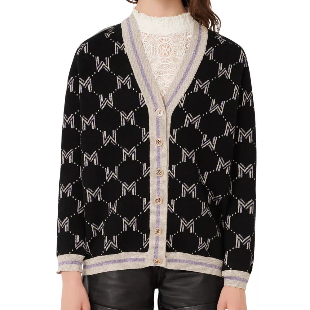 MAJE Martch Monogrammed Metallic Jacquard Cardigan